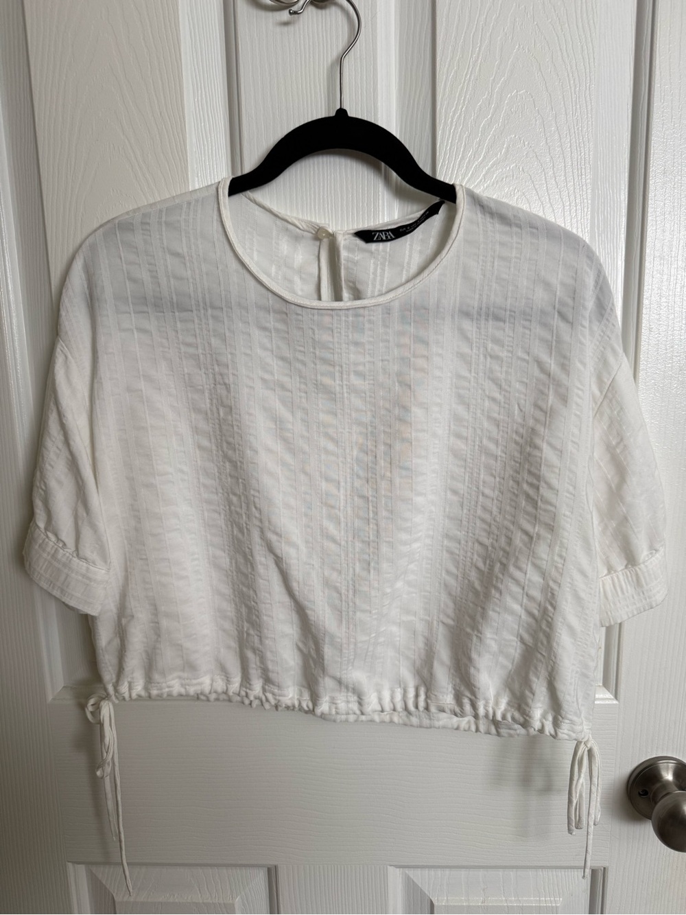 Zara White Textured Drawstring Cropped Tee